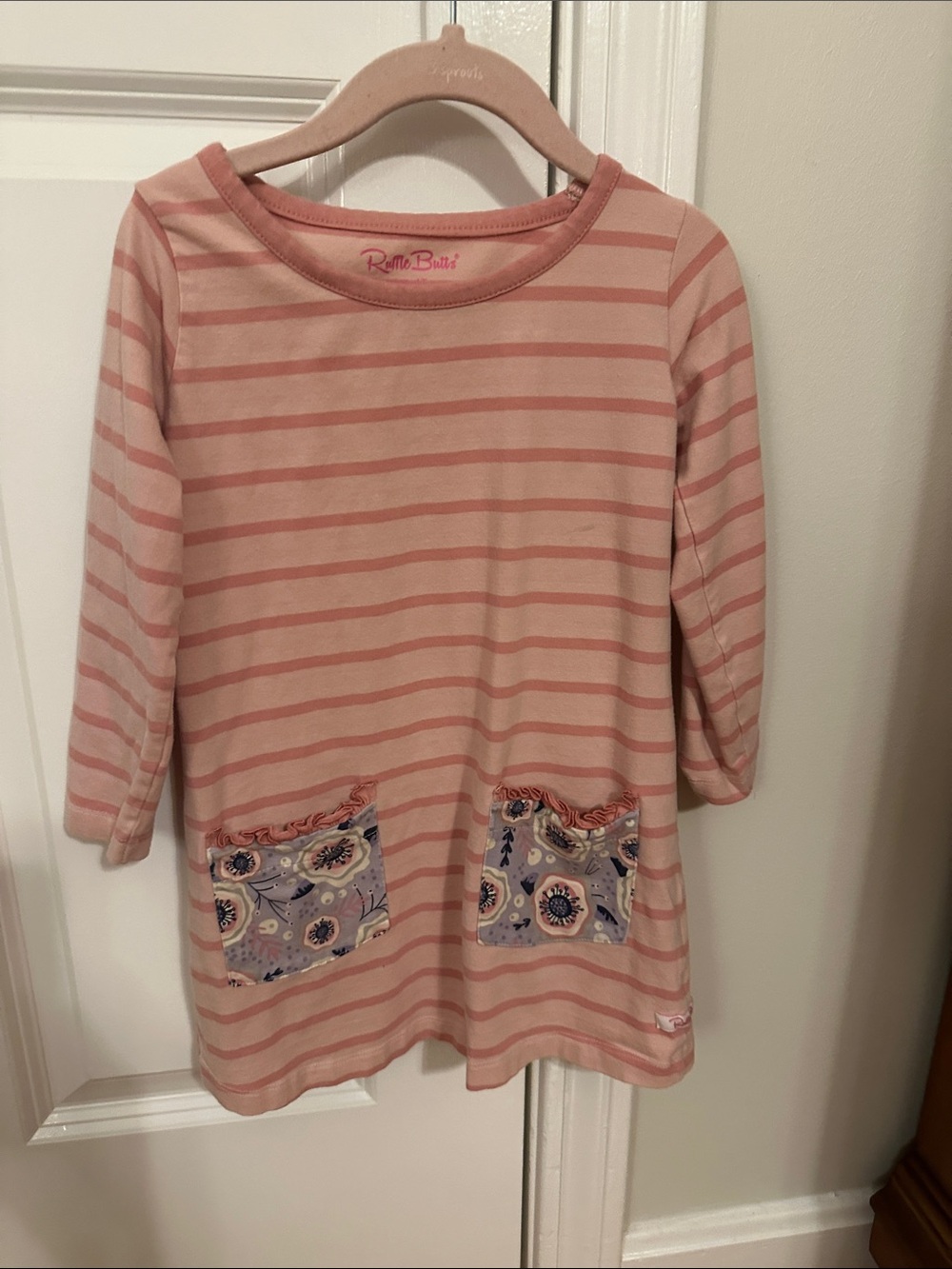 Ruffle Butts Pink and Dusty Rose Striped Tunic with Floral Pocket Accents